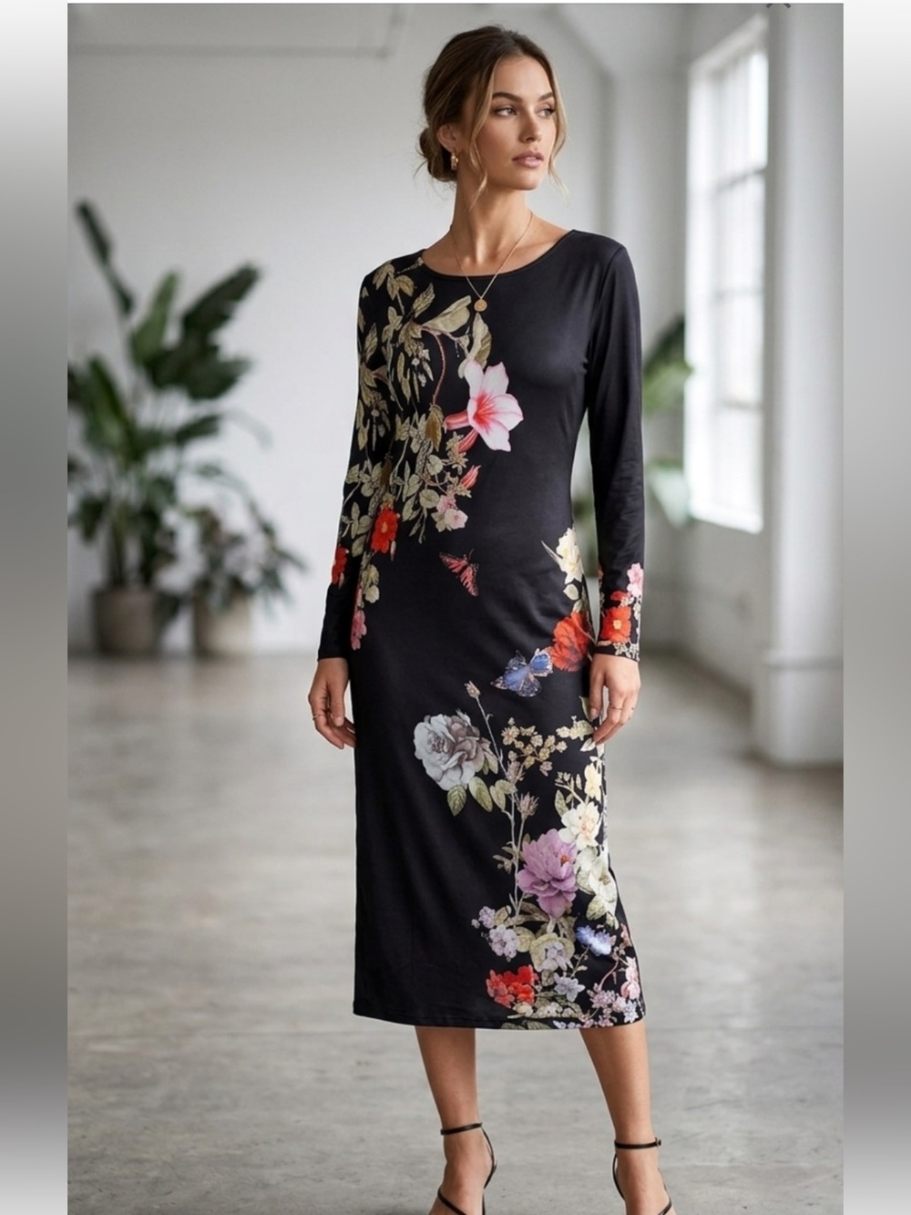 STYLEWE Floral Long Sleeve Dress in Black
